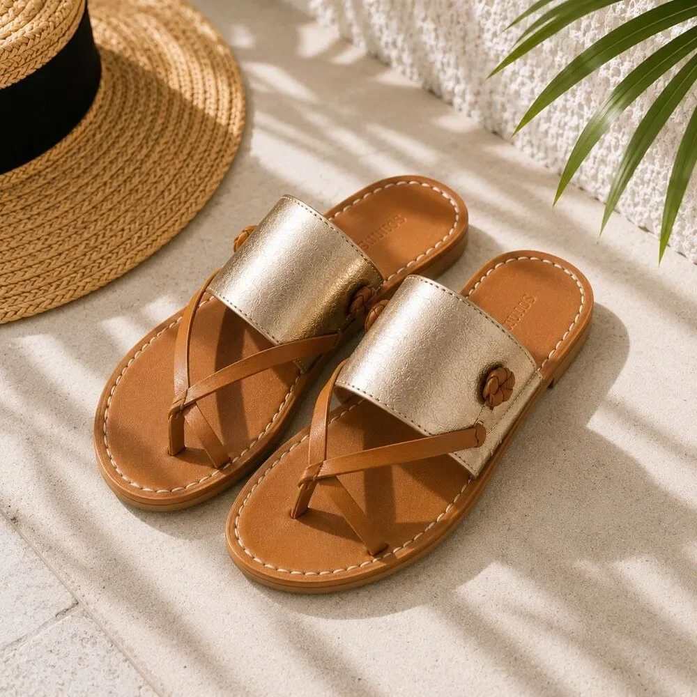 Soludos Metallic Leather Sandals Size 5.5 Gold Tan Slip-On NWT